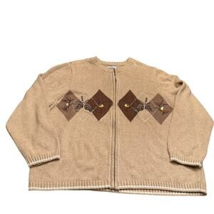 Croft & Barrow Zip Front Cardigan Sweater Argyle Bird Embroidered Cozy 3X Plus